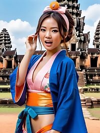 A petite brunette woman wears a blue Kimono orange bikini at Angkor Wat temples