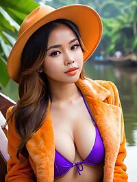Burmese girl in an orange fur coat swims near the Kerala Backwaters calm waters
