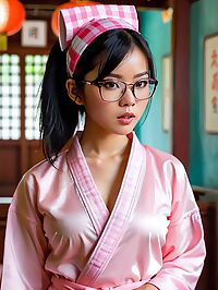 A petite pale skinned Cambodian girl in pink karate robes on the streets of Kuala Lumpur