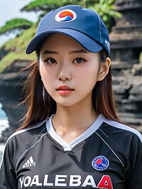 The brunette volleyball player stands out in her black uniform near the ocean at Tanah Lot