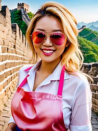Mongolian girl with big breasts and a nice perky butt stands on the Great Wall of China