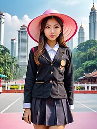 A petite Nepalese girl in a black school uniform wears a pink sun hat